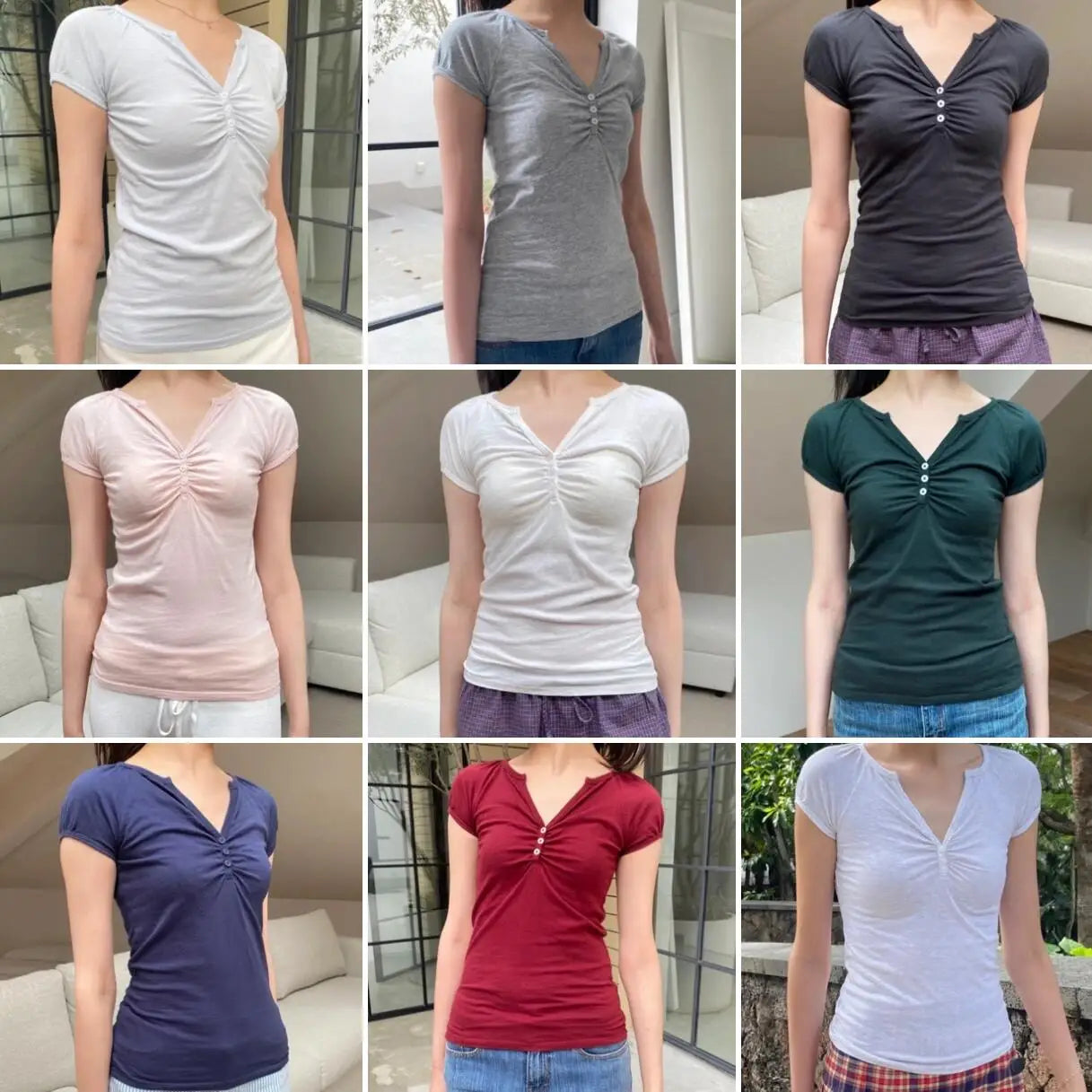 Solid Three Buttons Fold T-shirts Women Summer Streetwear Casual Cotton Slim Short Sleeve Tee Simple Basic Sweet Tshirt Y2K Tops