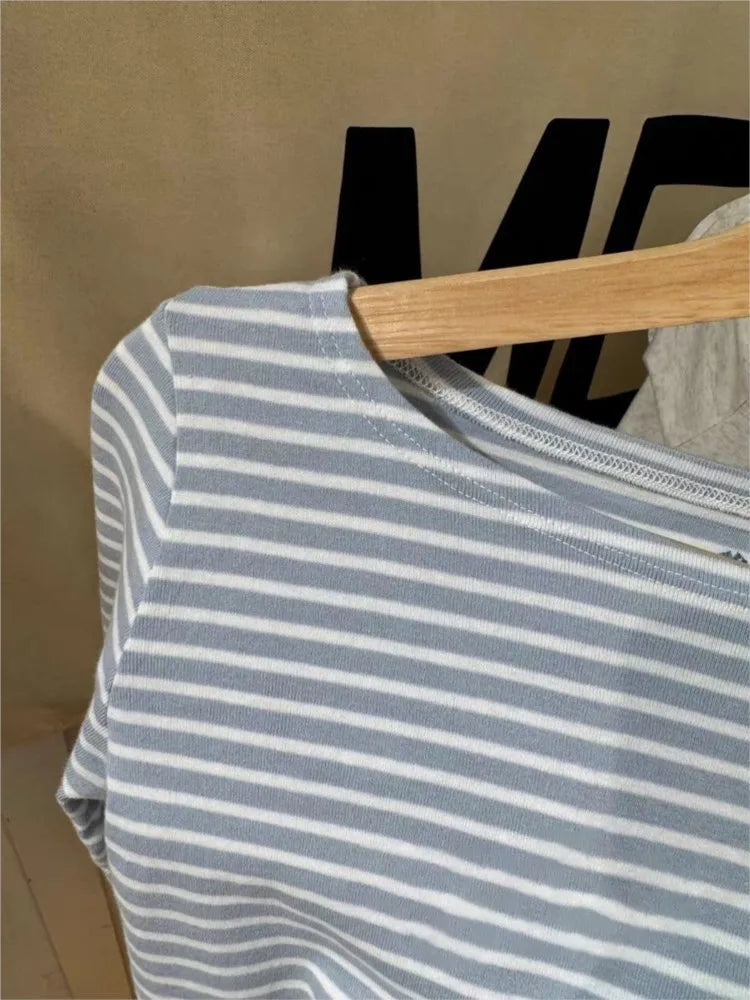 Vintage Striped Sexy Slash Neck Slim T Shirt Women Casual Streetwear Cotton Long Sleeve Tees Casual Sweet Basic T-shirts Y2K New