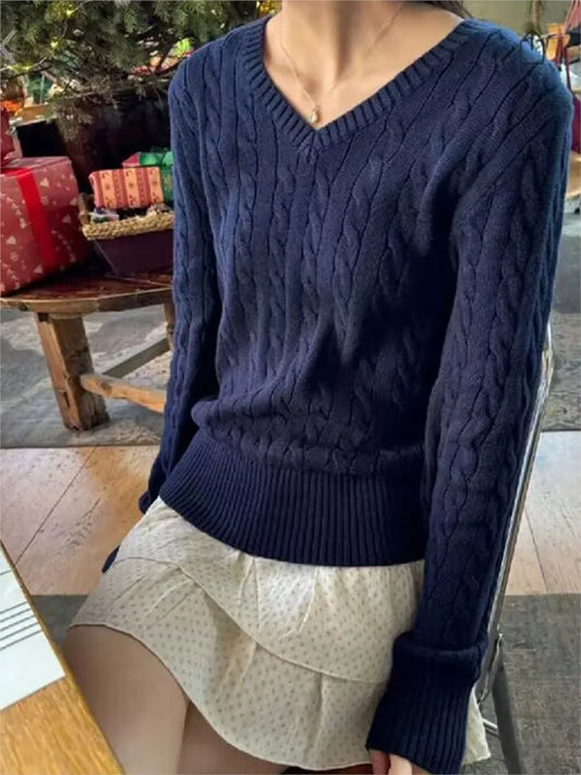 Navy Twisted Flower Knitted Sweater For Woman Spring V-neck Long Sleeve Slim Pullover Cute Vintage Streetwear Jumper Tops Y2k