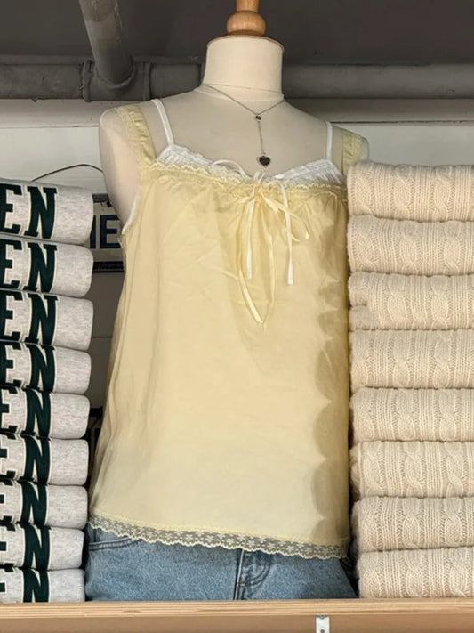 Butter Yellow Lace Trim Long Camisole Women Summer Casual Streetwear Simple Thin Bow Square Neck Tank Tops Sweet Cute Y2K Vests