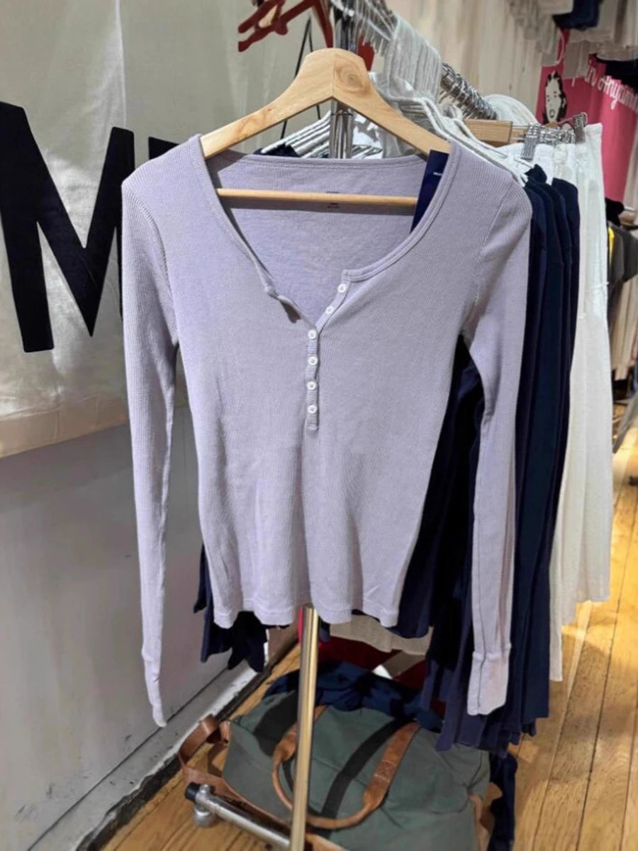 Green Vintage Ribbed Long Sleeve Tee Women's Autumn Six Button Cotton Casual Patchwork Slim T-Shirts Simple Chic Streetwear Tops