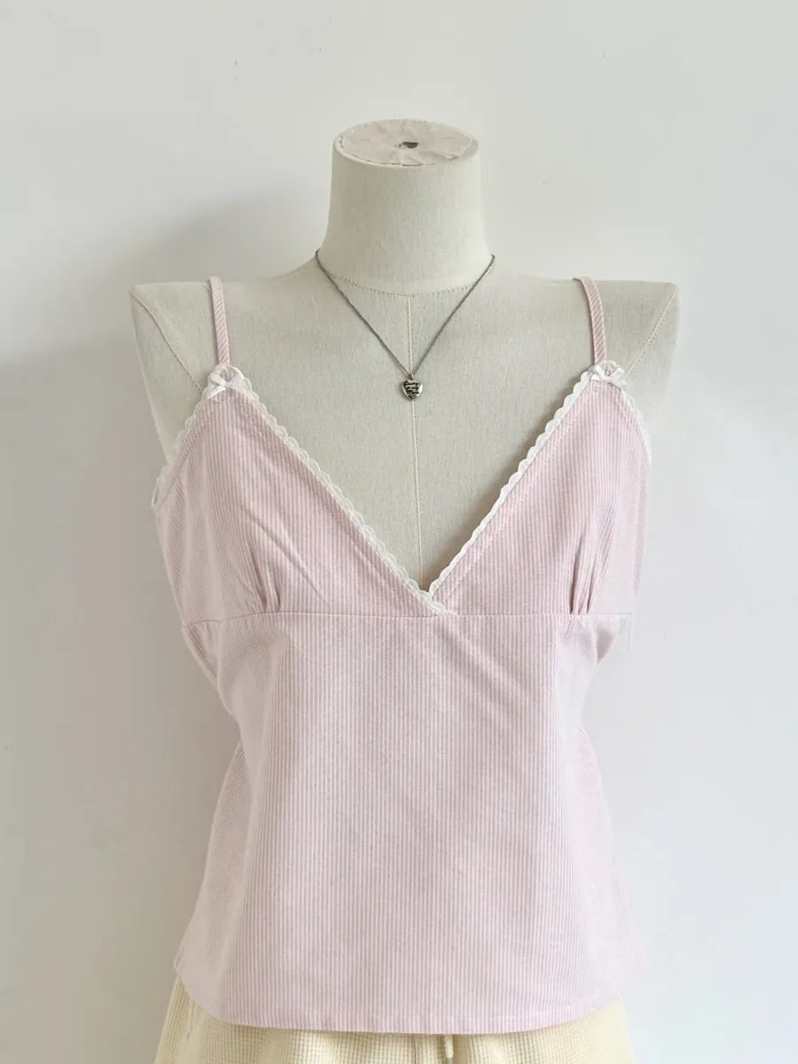 Sweet Pink Striped V-neck Bow Camis Women Summer New Cotton Casual Preppy Style Sleeveless Vests Vintage Chic Cute Tank Tops Y2K