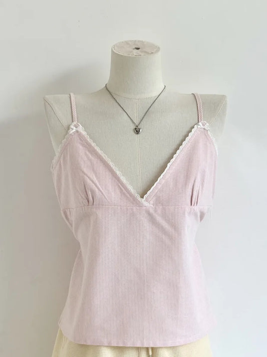 Sweet Pink Striped V-neck Bow Camis Women Summer New Cotton Casual Preppy Style Sleeveless Vests Vintage Chic Cute Tank Tops Y2K