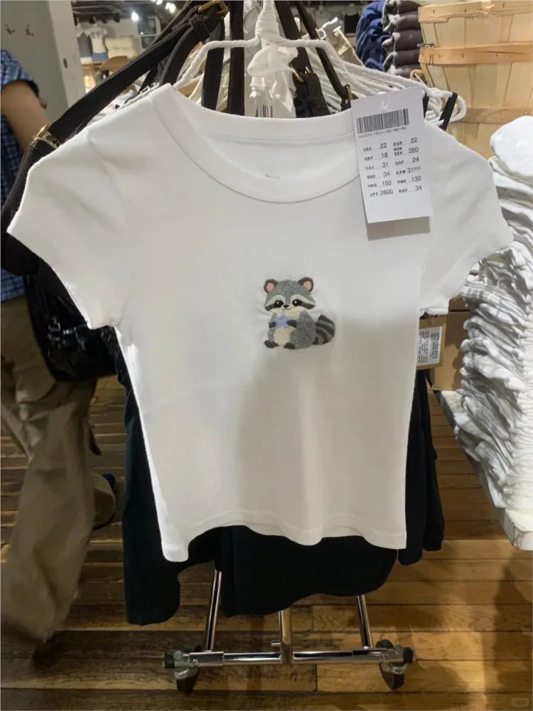 Cute Koala Embroidery Crop Tops Women Summer Casual Slim Cotton Cropped Short Sleeve Tees Female Sweet Preppy Style T-shirts Y2K