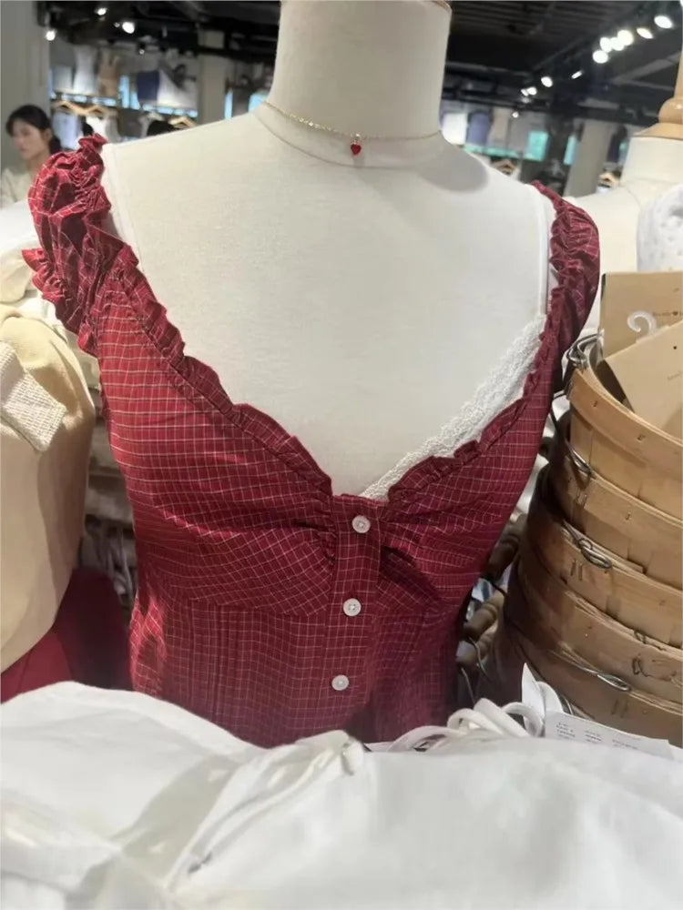 Vintage Red Plaid Folds Blouse Top Women Casual Single Breasted Ruffle Sleeveless Tank Tops Vest Sweet Preppy Style Camisole Y2K