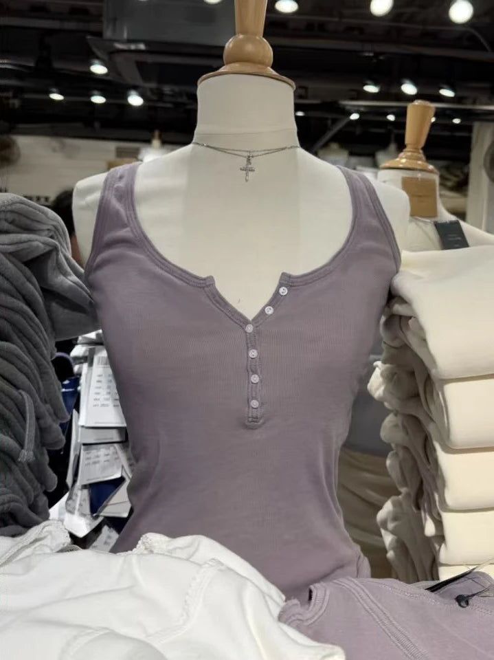 Six Buttons Army Green Slim Tank Top Woman Summer  Y2KStreetwear U Collar Sleeveless Cotton Vest American Vintage Basic Tops New