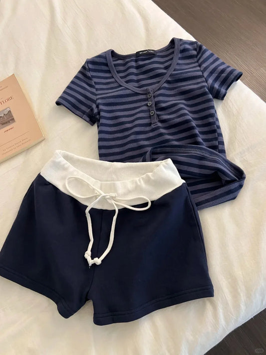 Striped Cotton T-shirt Shorts Outfit Women Navy O-neck Slim Tees +Buttons Straight Sweatshirt Sweet Cute Home 2 Pieces Set Y2K