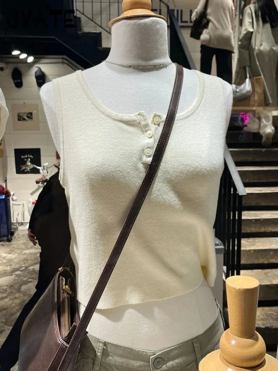 Beige Button O-neck Basic Tank Tops Women Summer Casual Cotton Soft Cute Preppy Cropped Vests Vintage Chic Sweet Camisole Y2K