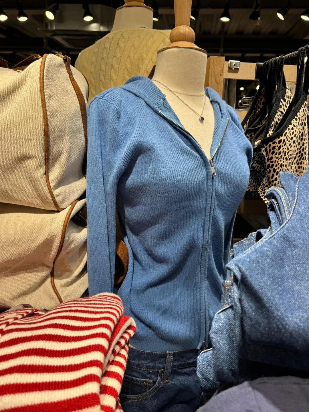 Sweet Blue Knitted Hoodies Tops Women Autumn New Casual Cotton Double Zipped Jumpers Coat Vintage Chic Basic Cardigan Sweaters