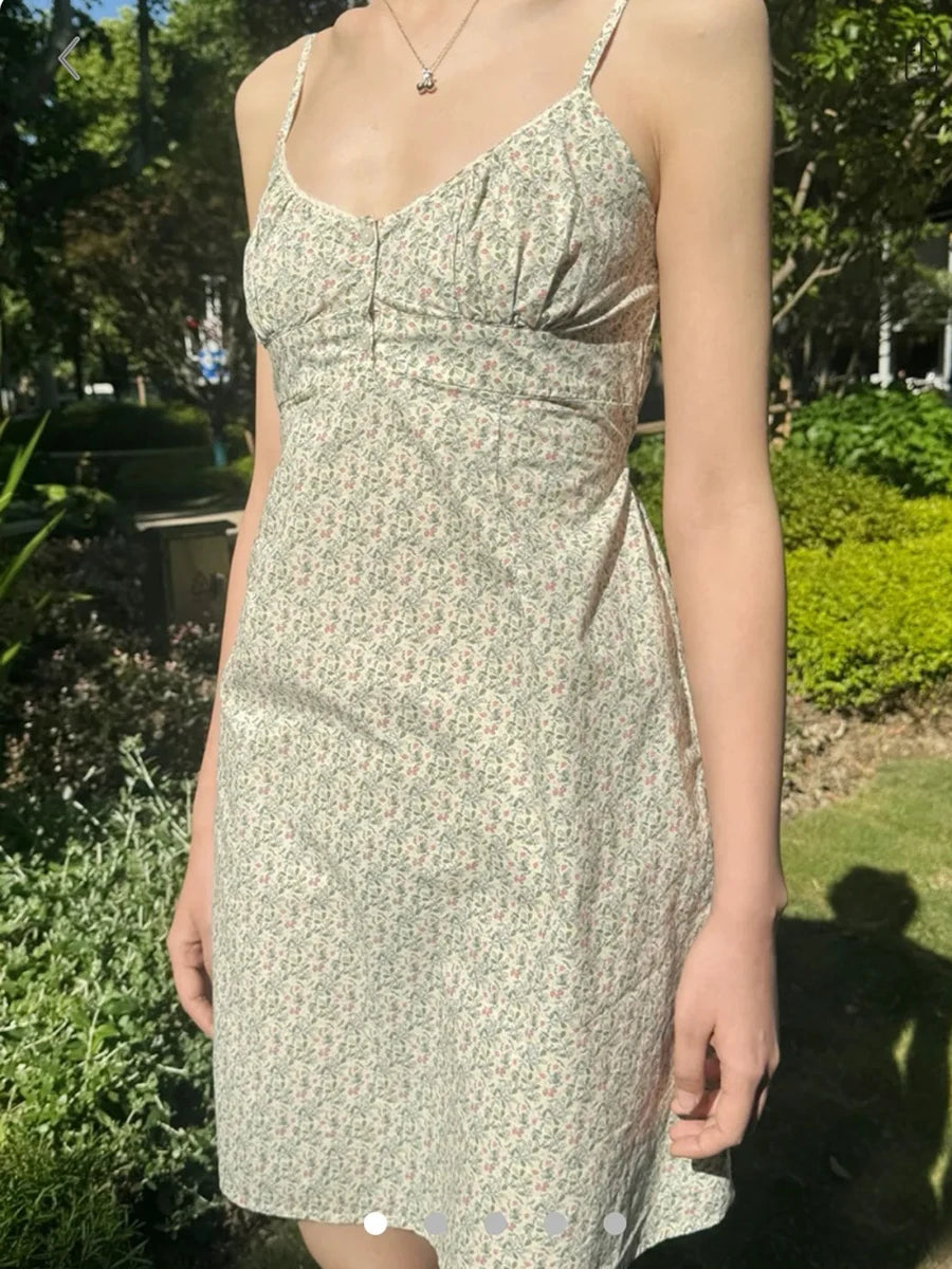 Floral Print Drawstring V-neck Mini Dress Women Casual  Lace Trim A-line Short Vestidos Sweet Cute Preppy Style Y2K Dresses New
