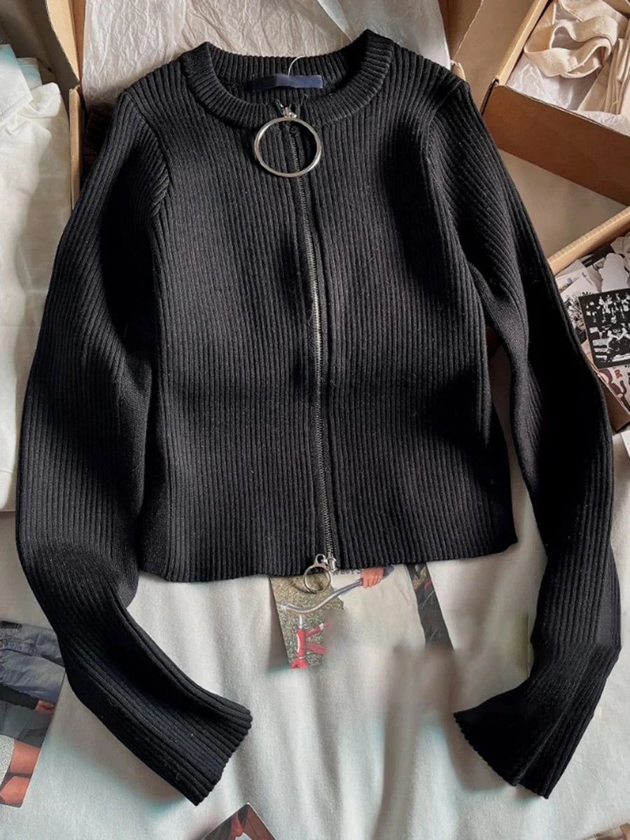 Simple Slim Short Knitted Cardigan Sweaters Women Casual Cotton Metal Ring Double Zipper Sweater Coats Vintage Simple Crop Tops