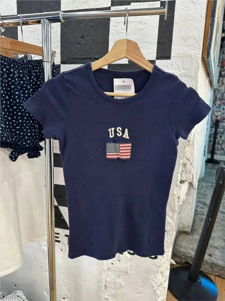 Vintage Flag Embroidery Slim T-shirt Women Summer Navy Cotton O-neck Short Sleeve Tee Shirts Cute Preppy Style Tshirt Y2K Tops