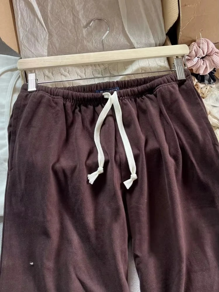 Retro Brown Drawstring Trousers Women Casual Cotton Soft High Waist  Straight Sweatpants Vintage Sweet Sport Long Pants Y2K New