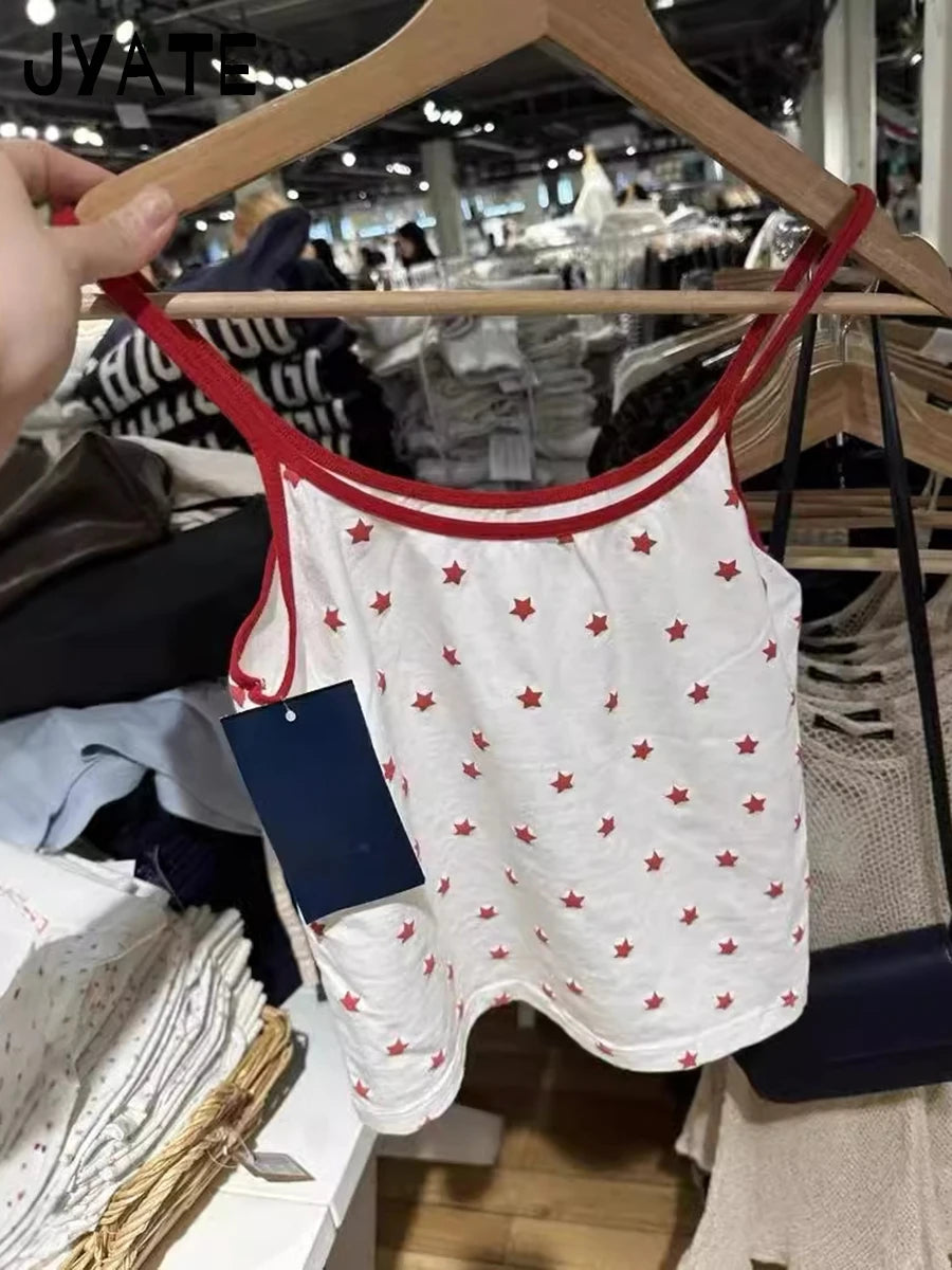 Sweet Red Stars Print Sleeveless Vests Women Summer New Cotton Casual Slim Preppy Style Tank Tops Cute Streetwear Vintage Camis