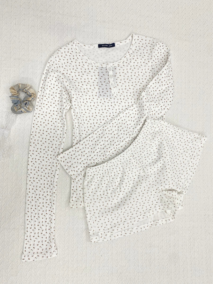 Sweet Eyelet Long Sleeve T-shirt Shorts Set Women Cotton Buttons Home Pajama 2 Piece Sets Slim Tees+Elastic Straight Sweatshort