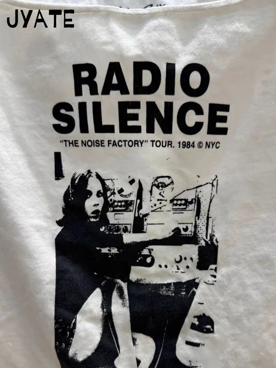 Radio Print Slash Neck Crop Tops Women New Cotton Slim Streetwear Raw Hem Short Sleeve Tee Harajuku Vintage Y2K T-shirts