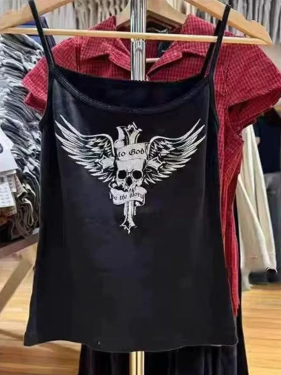 Black Harajuku Skull Print Sleeveless Vests Women Cotton Streetwear Casual Camis Clothes Vintage Chic Preppy Style Y2K Tank Tops