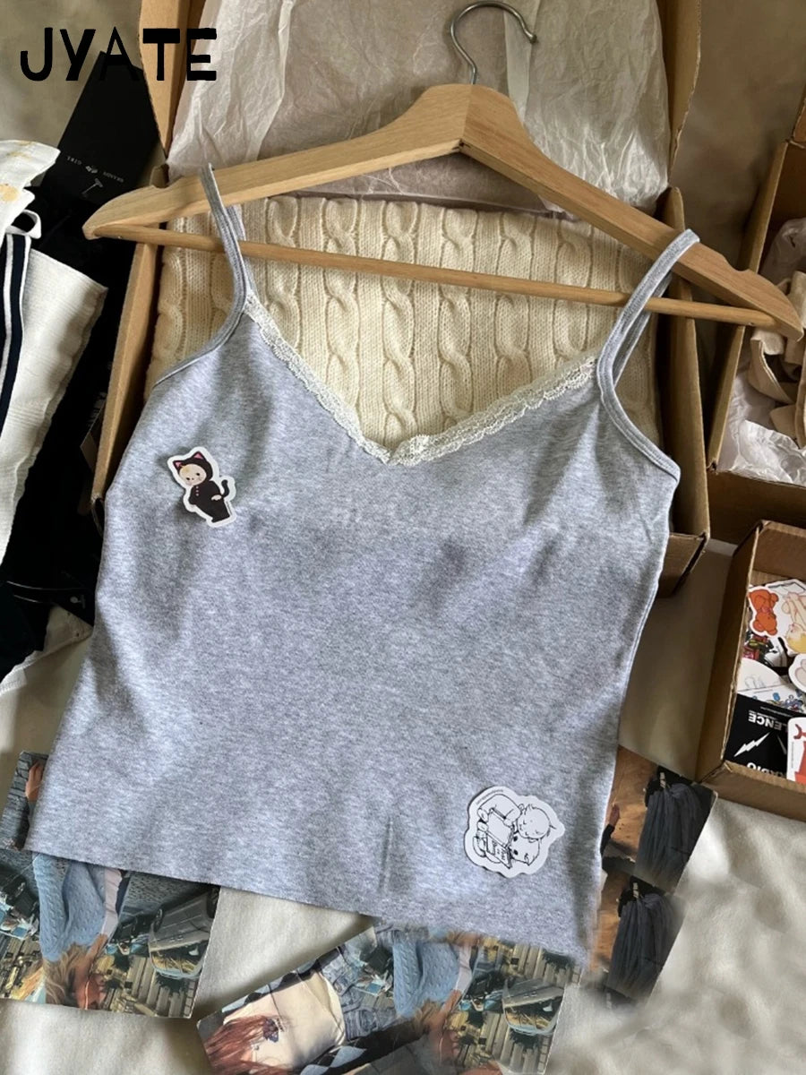 Simple Lace Trim V-neck Camisole Women New Cotton Soft Basic Casual Slim Sexy Sleeveless Vests Sweet Cute Vintage Tank Tops Y2K