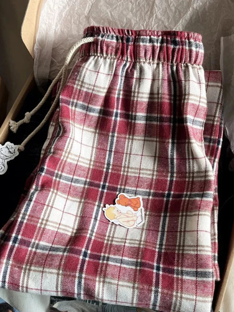 Retro Red Plaid Drawstring Straight Pants Women Autumn Cotton Casual Elastic High Waist Pant Vintage Loose Y2K Baggy Sweatpants