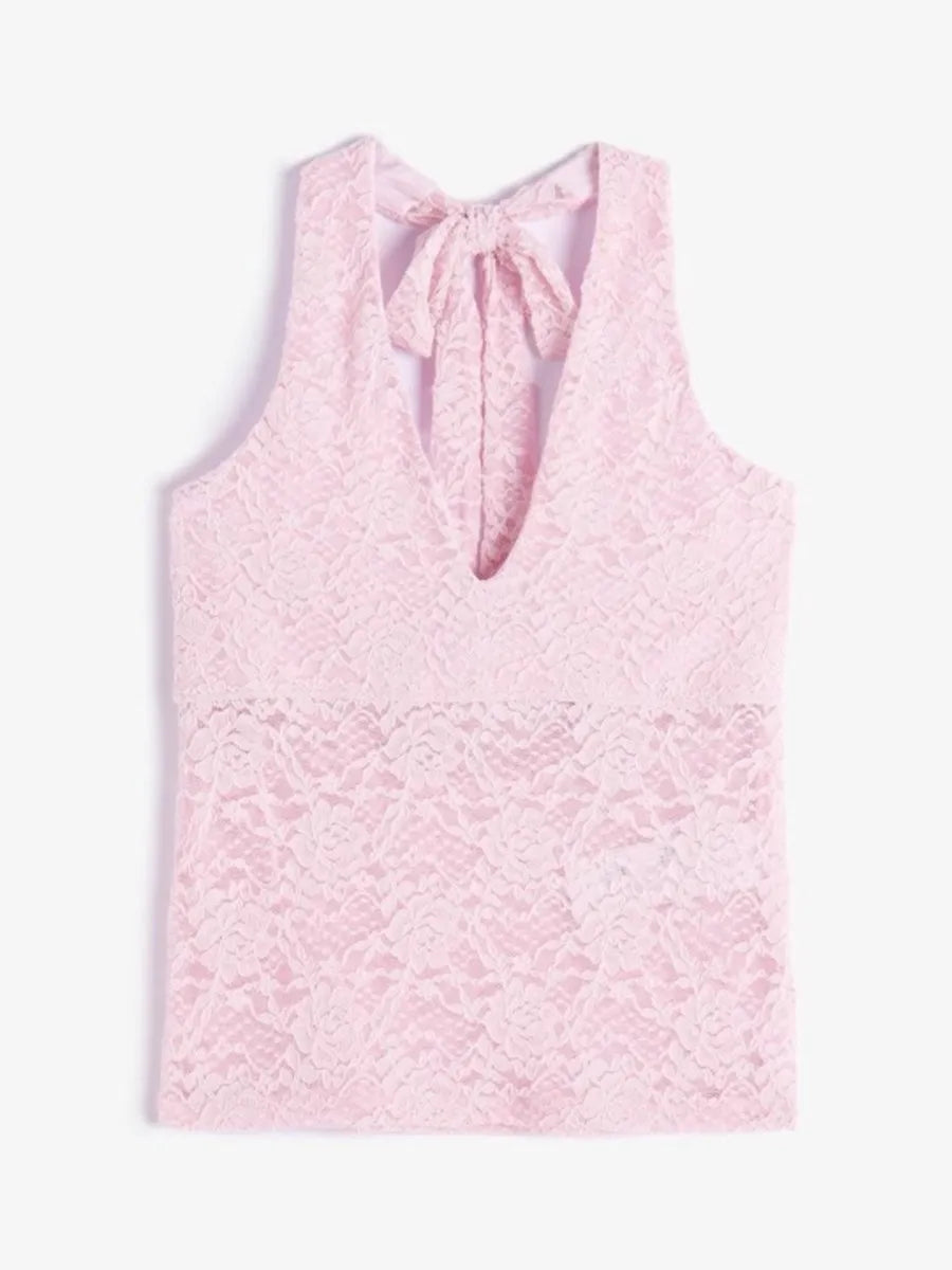 Lace See Through Halter Neck Tank Tops Women New Casual Sexy Streetwear Cotton V-neck Sleeveless Vests Sweet Chic Vintage Camis