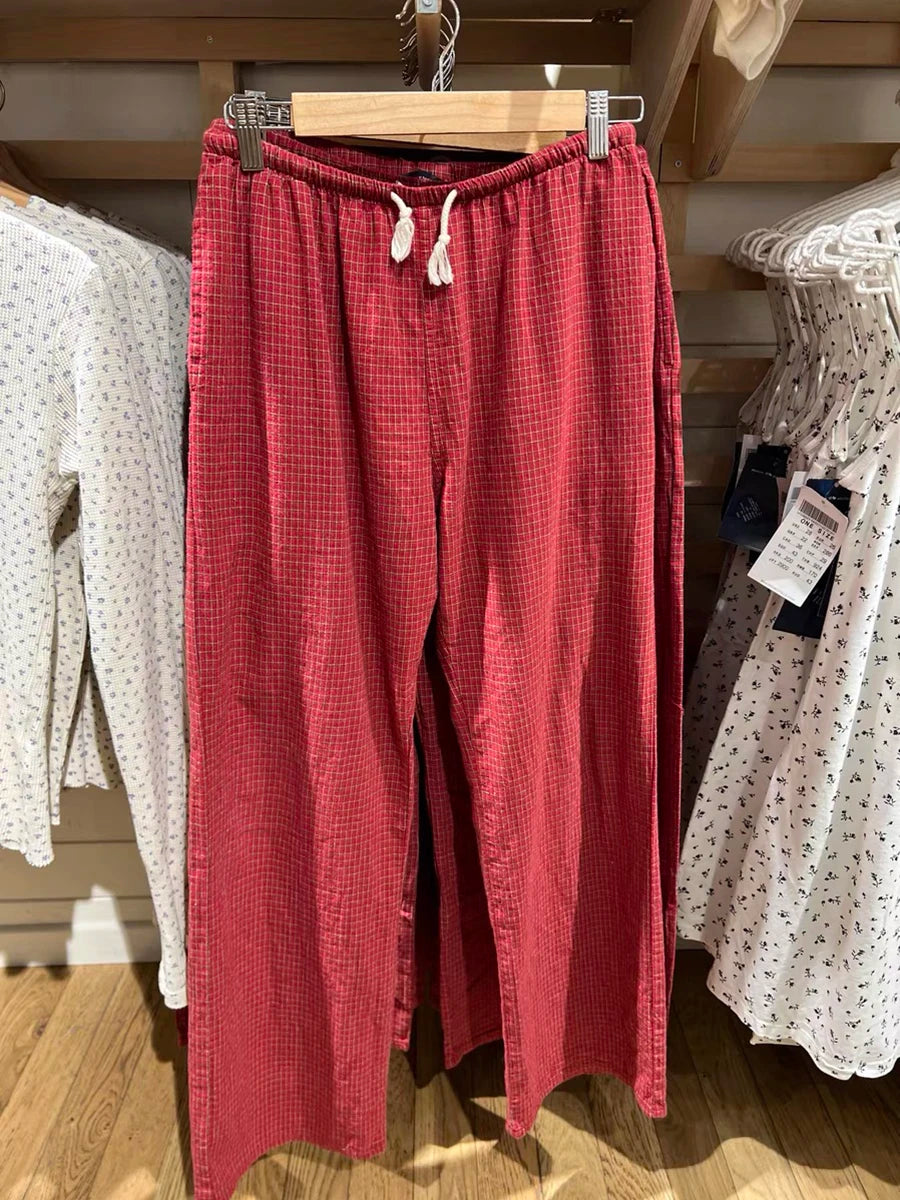 New Pink Striped Drawstring Long Pants Women Cotton Casual High Waist Simple Wide Leg Pant Vintage Loose Streetwear Chic Trouser