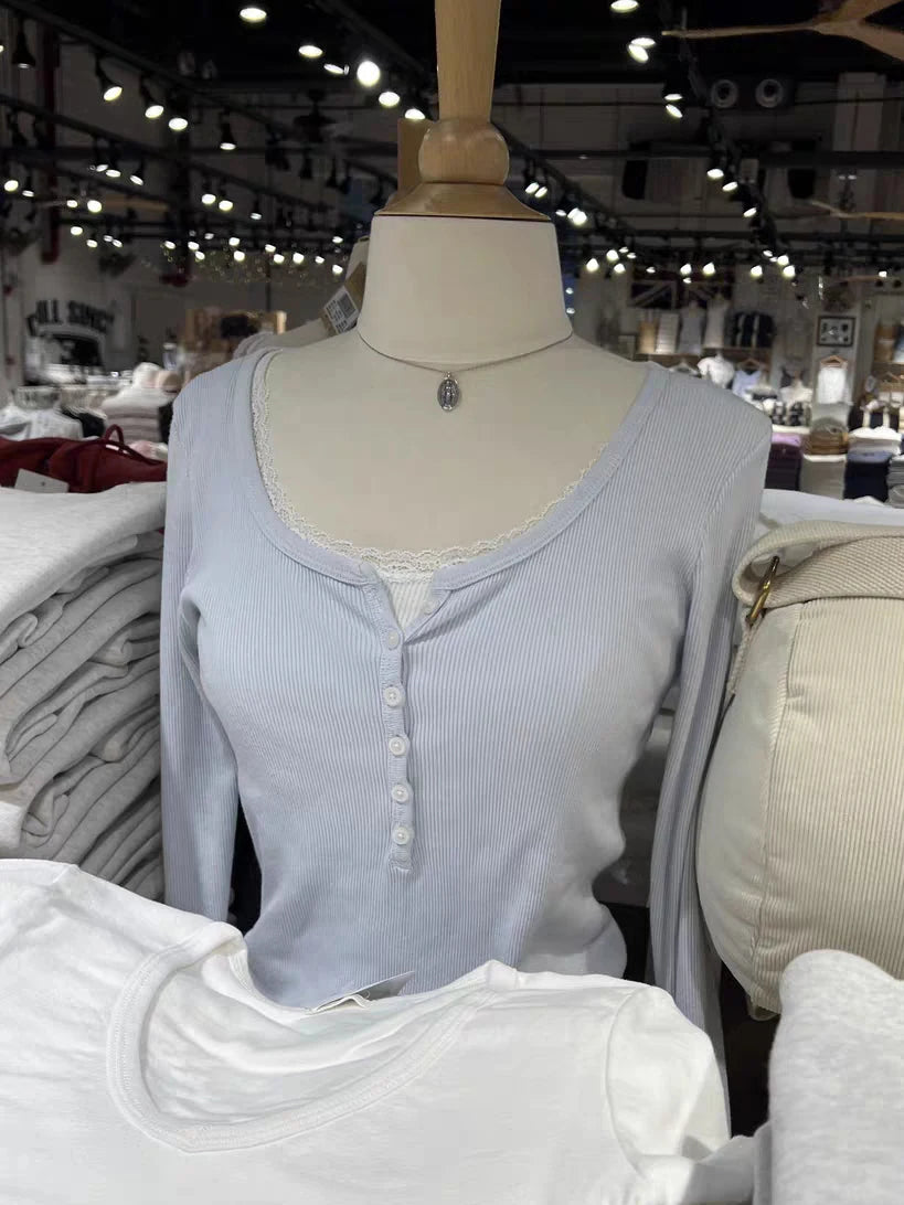 Electric Blue Patchwork Long Sleeve Tee Women Autumn Simple Basic Buttons O-neck Cotton Ribbed Tshirt Sweet Cute Casual T-shirts