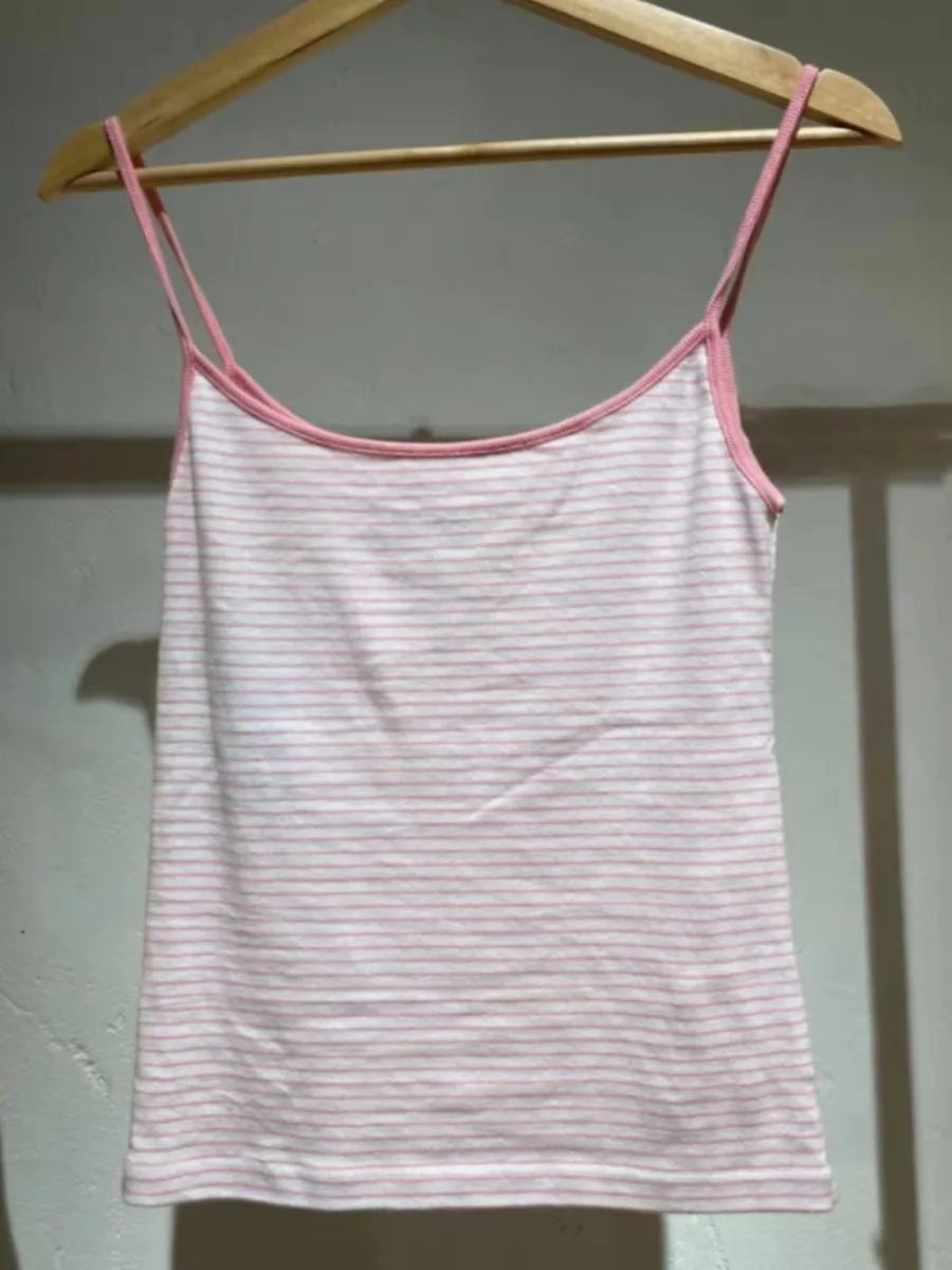 Sweet Slim Pink Striped Camisole Women Summer New Cotton Streetwear Sexy Cute Sleeveless Vests Female Chic Vintage Y2K Tank Tops