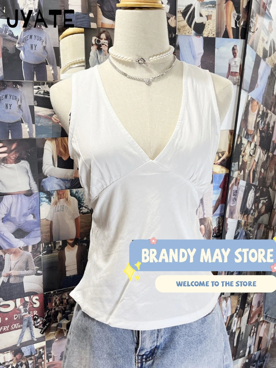 Simple Basic White V-neck Tank Tops Women 2024 New Cotton Streetwear Casual Slim Back Strap Vest Sweet Cute Vintage Camisole Y2K