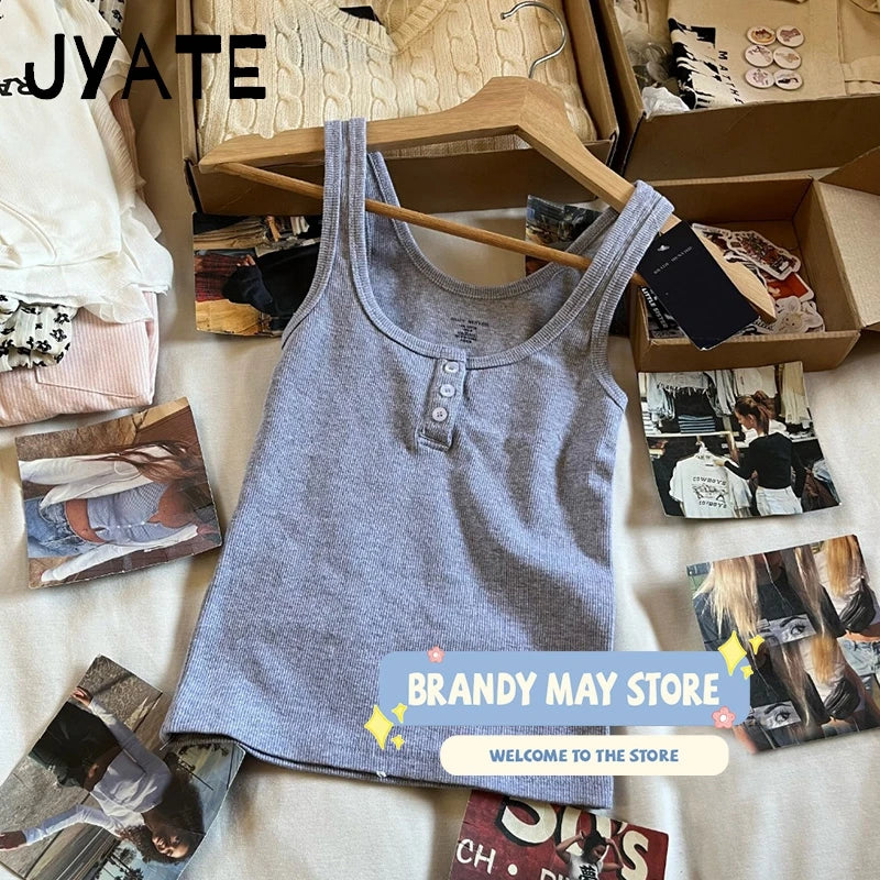 Pink Ribbed Cotton Tank Tops Women Summer New Casual Buttons U-neck Sleeveless Vests Sweet Basic Simple Preppy Style Camis Y2K