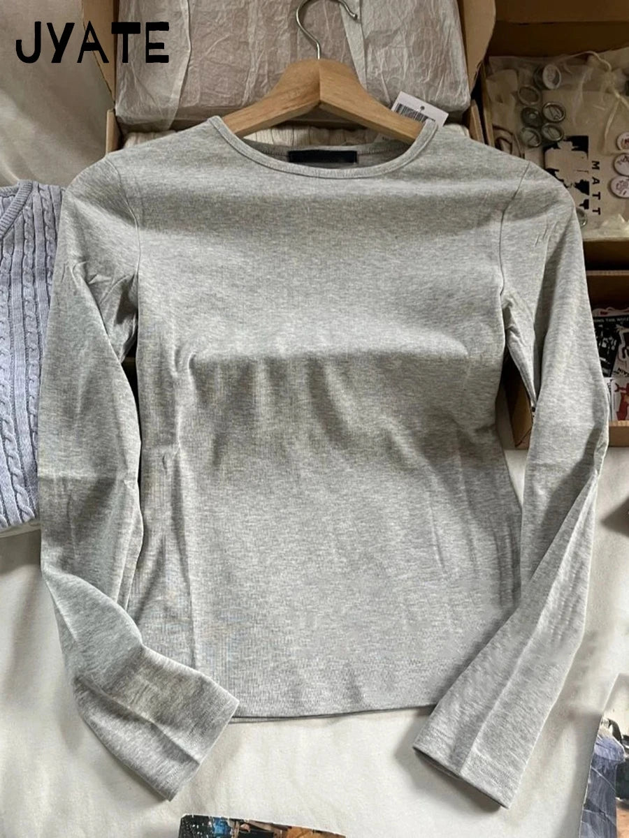 Simple Gray Bodycon Long Sleeve T-shirts Women Crew Neck Soft Cotton All-match Skinny Tee Shirt Vintage Basic Street T shirt Y2K
