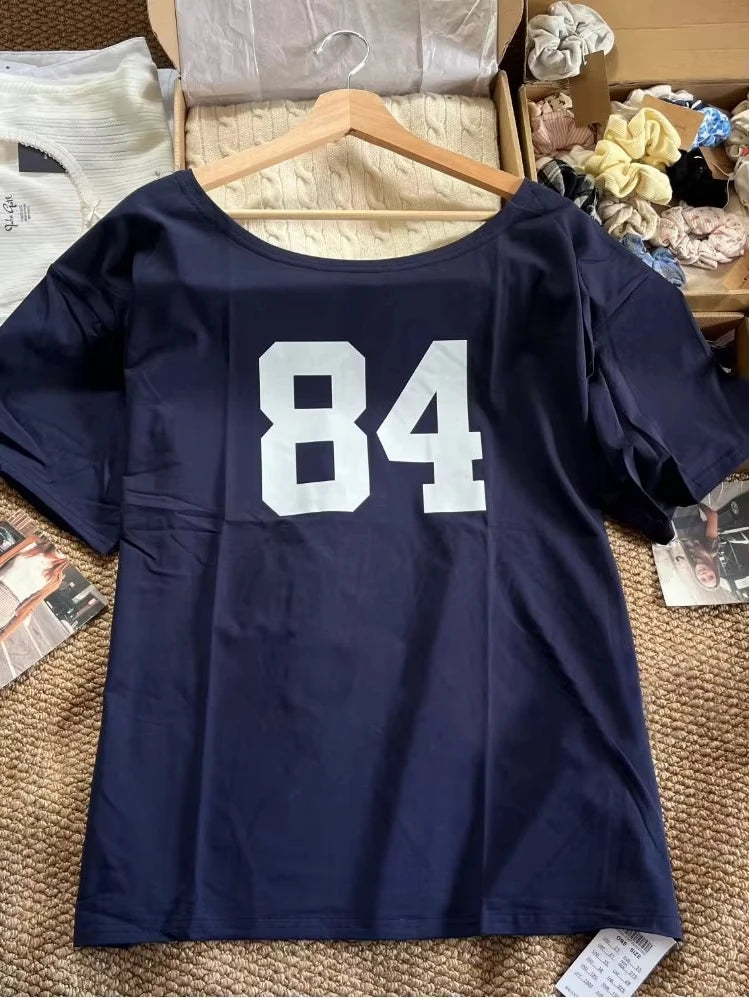Fashion NO.84 Print Slash Neck T-shirts Women Summer Simple Casual Cotton Slim Short Sleeve Tee Vintage Preppy Style Tshirt Y2K