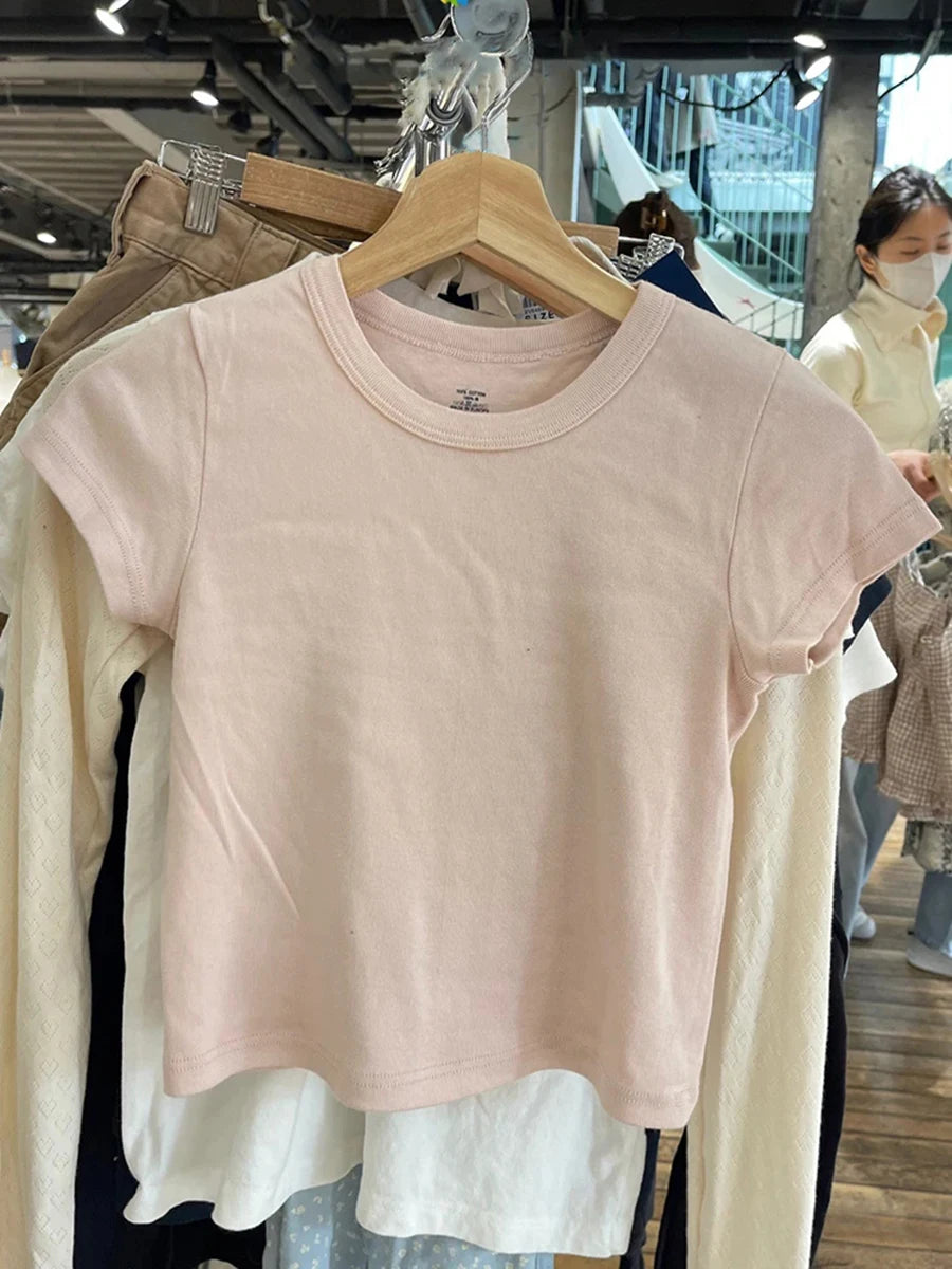 Pink Sweet Cotton Slim Crop Tops Women Summer New Casual O-neck Solid Short Sleeve Tees Female Cute Simple Basic Y2K T-shirts