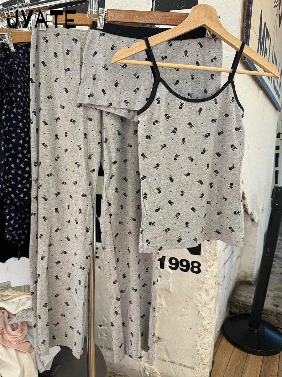 Skull Print Camisole Two Piece Set Women Summer Cotton Tank Tops+Elastic Waist Short Casual Vintage Preppy 2 Sets Y2K