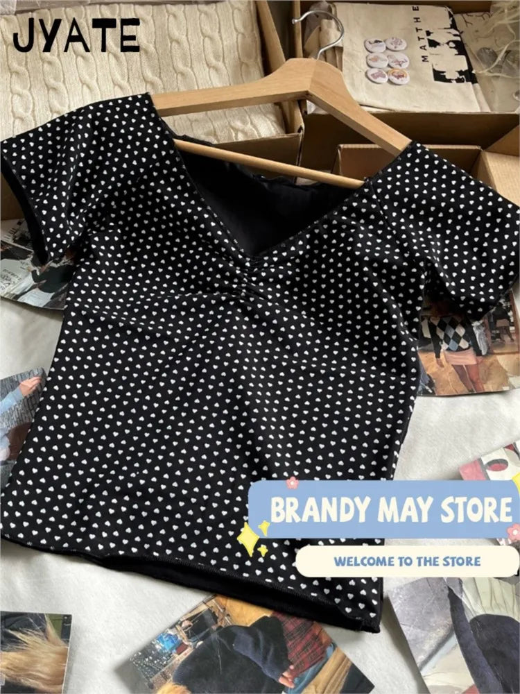 Harajuku Heart Print V-neck Short Sleeve Tees Female New Cotton Folds Chic Slim Sexy Crop Tops Vintage Sweet Cute T-shirts Y2K