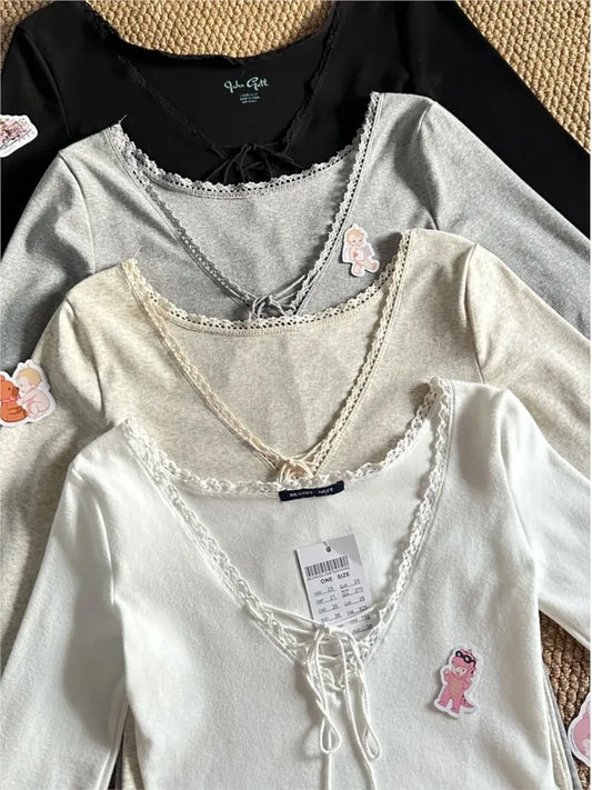 Sweet Lace Trim Long Sleeve Tees Women Casual Simple V-neck Lace-up Cotton Slim Tshirts Female Cute Preppy Style Chic T-shirts