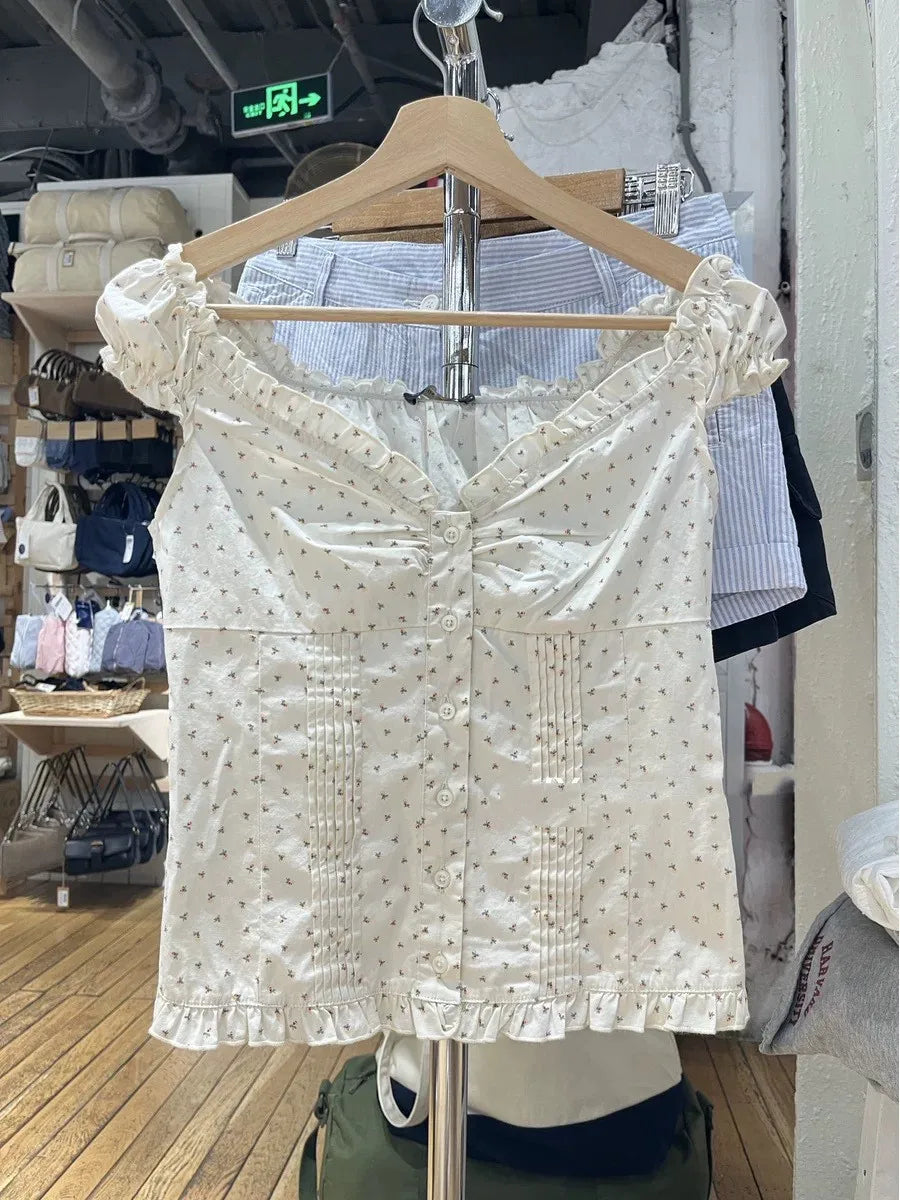 Red Floral Folds Buttons Blouse Vests Women New Casual Single Breasted Ruffle Sleeveless Tank Tops Sweet Cute Elegant Camis OOTD