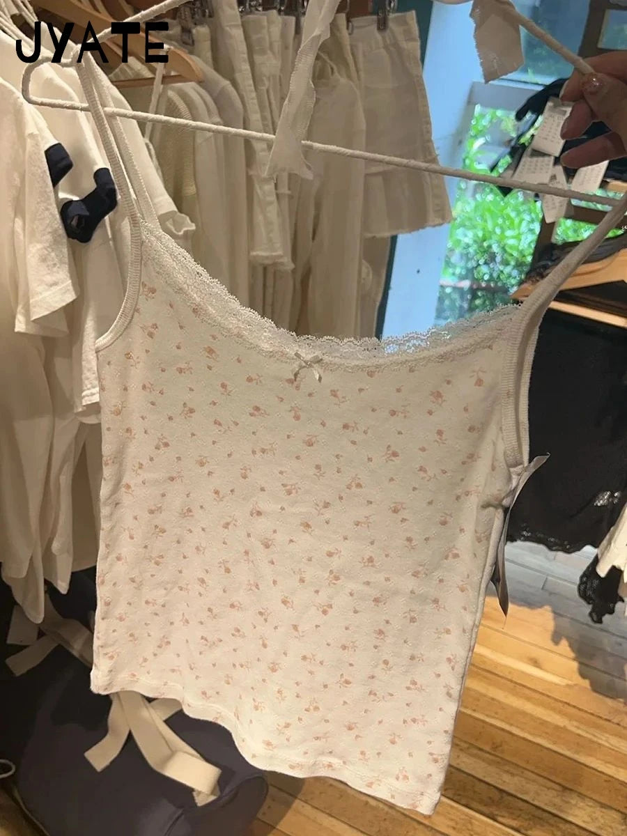 Pink Floral Print Lace Trim Tank Tops Women Summer New Cotton Bow Casual Chic Simple Camisole Girl Sweet Cute Vintage Vests Y2K