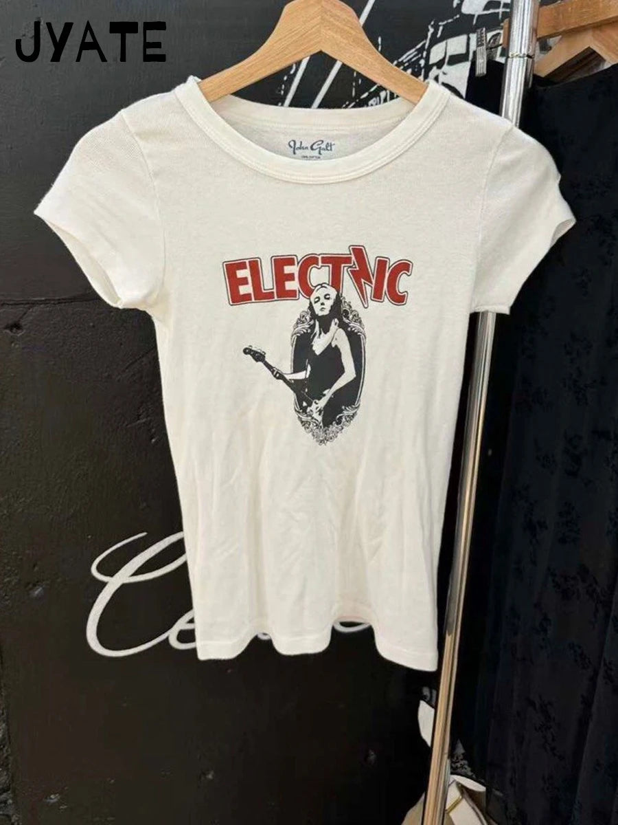 Guitarist Print O-neck Slim T-shirts Women New Cotton Street Simple White Short Sleeve Tops Clothes Vintage Chic Casual Tshirt