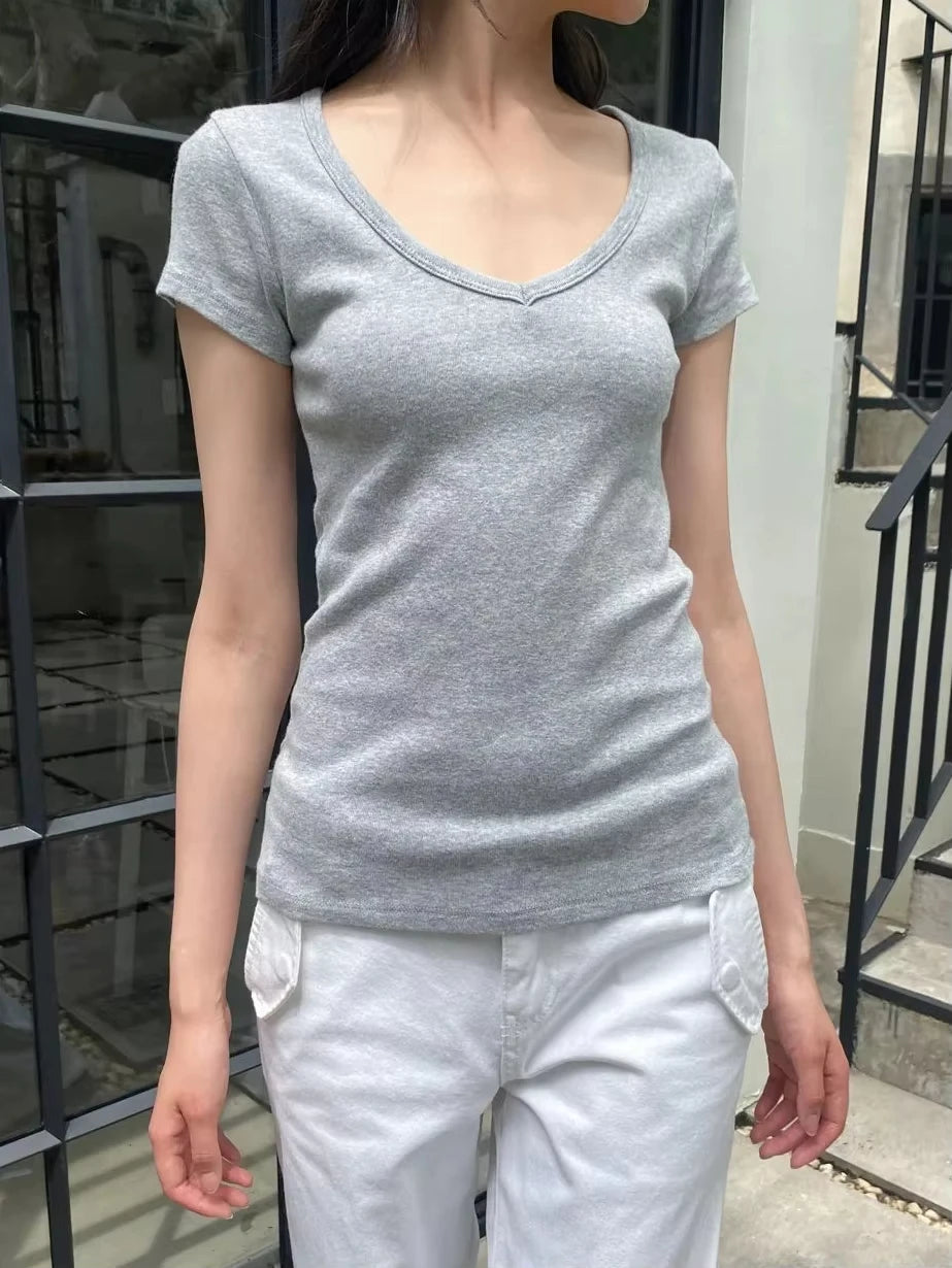 Pink Sweet V-neck Cotton Short Sleeve Tee Women New Casual Simple Preppy Style Slim Tops Clothes Vintage Sweet Chic T-shirt Y2K