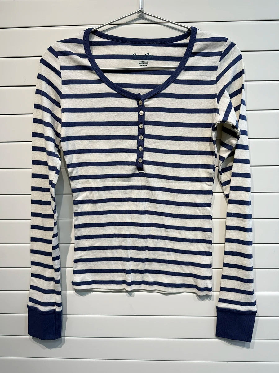 Brown Striped Buttons T-shirts Women Casual Chic Cotton Patchwork Long Sleeve Tees Vintage Preppy Style Slim Tshirt Y2K Tops New