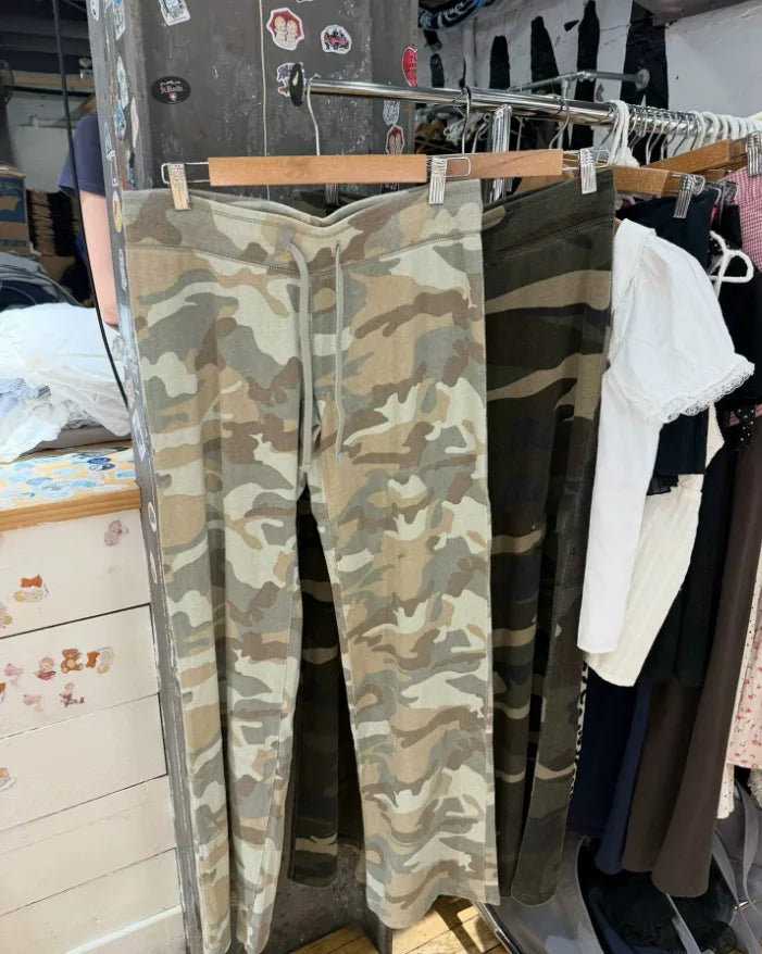 Camouflage Raw Hem Wide Leg Long Pants Women Cotton Drawstring High Waist Joggers Sweatpants Vintage Streetwear Loose Trousers