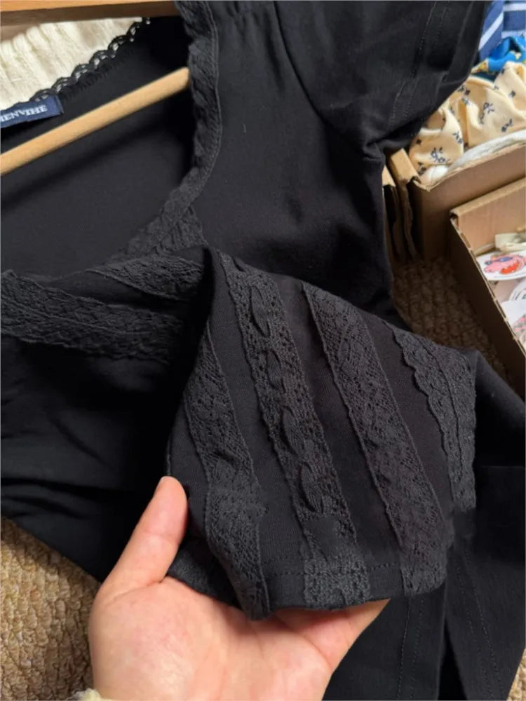 Black Lace Trim Tshirt Women Summer Simple Cotton Slim Crew Neck Short Sleeve Cropped Tees Vintage Streetwear Chic T-shirts Y2K