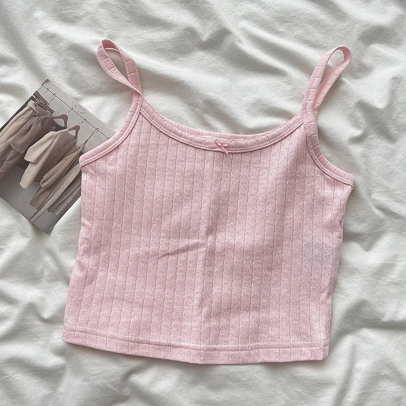 Lace Trim Solid Slim Eyelet Tank Tops Women Summer New Bow Preppy Style Sleeveless Vests Basic Sweet Cute Camisole Y2K Clothes