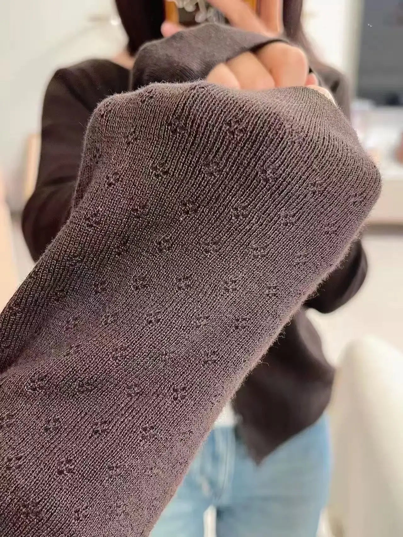 Brown Eyelet Knitted Cardigan Women Autumn New Casual Cotton Long Sleeve Sweater Coat Female Vintage Simple Basic Sweaters Tops