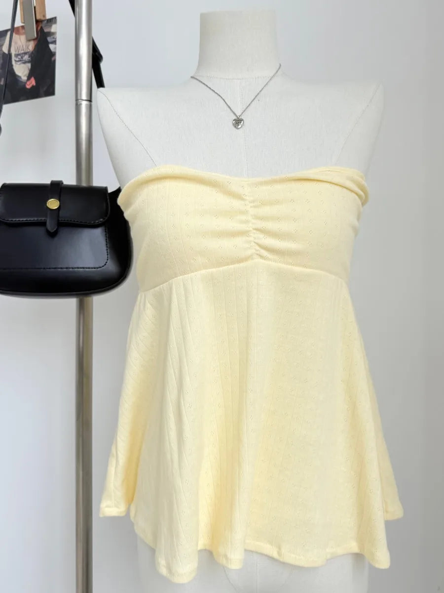 Butter Yellow Folds Tank Tops Woman Summer Casual Cotton Slim All-match Strapless Vest Cute Sweet Preppy Style Camisole Y2K New