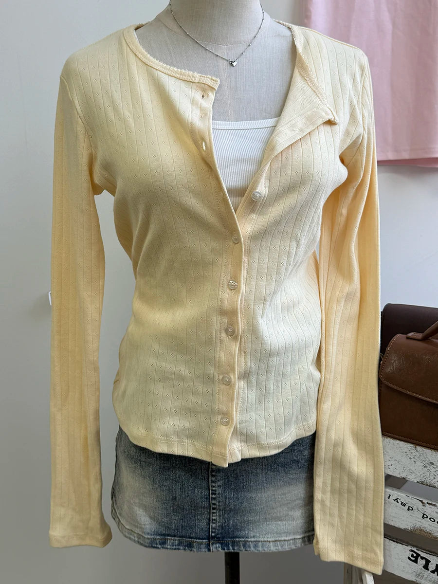 Eyelet Slim Long Sleeve T-shirt Women Spring Preppy Style O-neck Single Breasted Cotton Tee Shirts Cute Vintage Sweet Tops Y2K