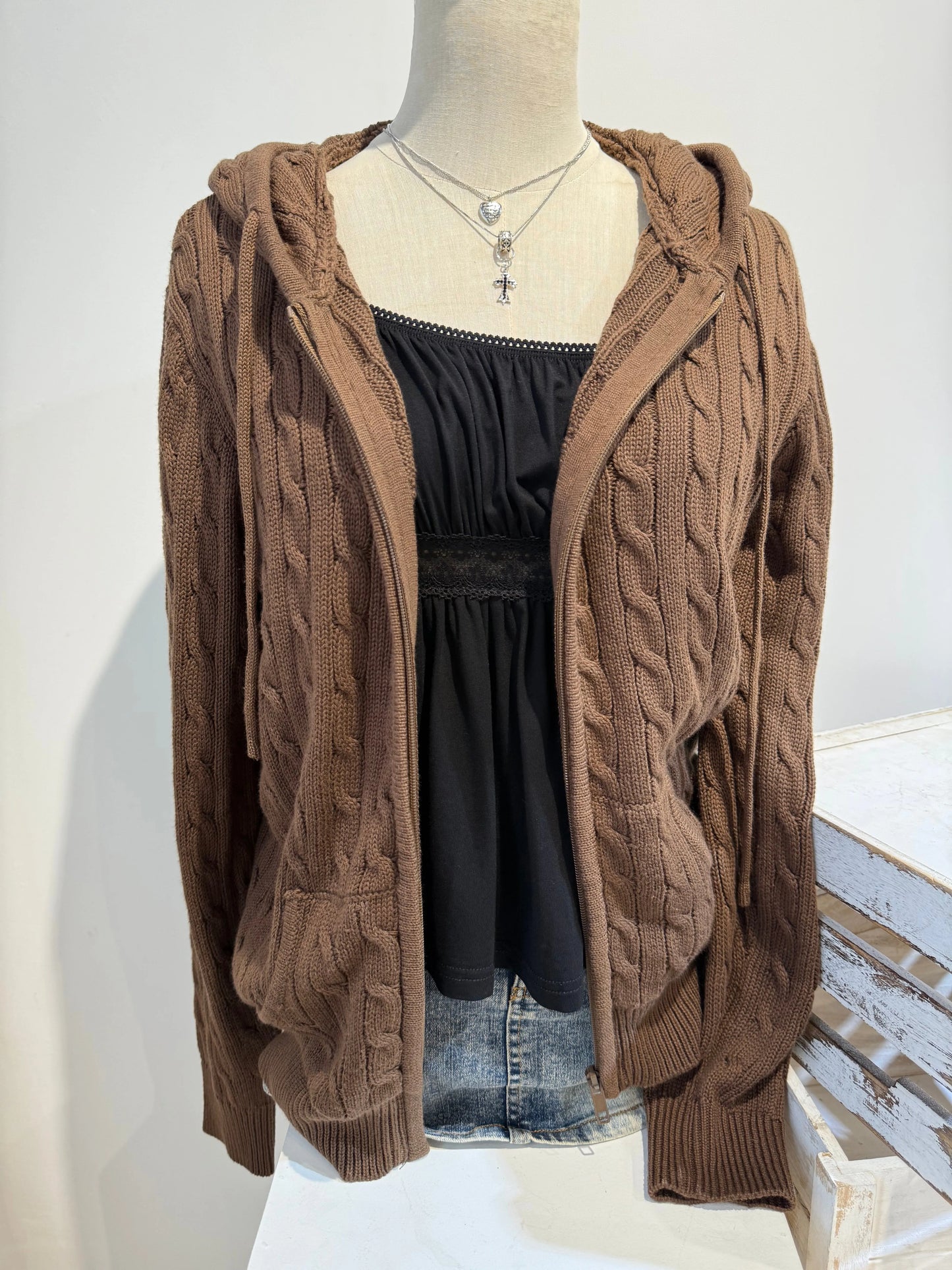 Gray Twisted Flower Hooded Zipper Coat Women Fall Winter Long Sleeve Pocket Knit Knitwear Sweet Preppy Style Cardigan Sweater