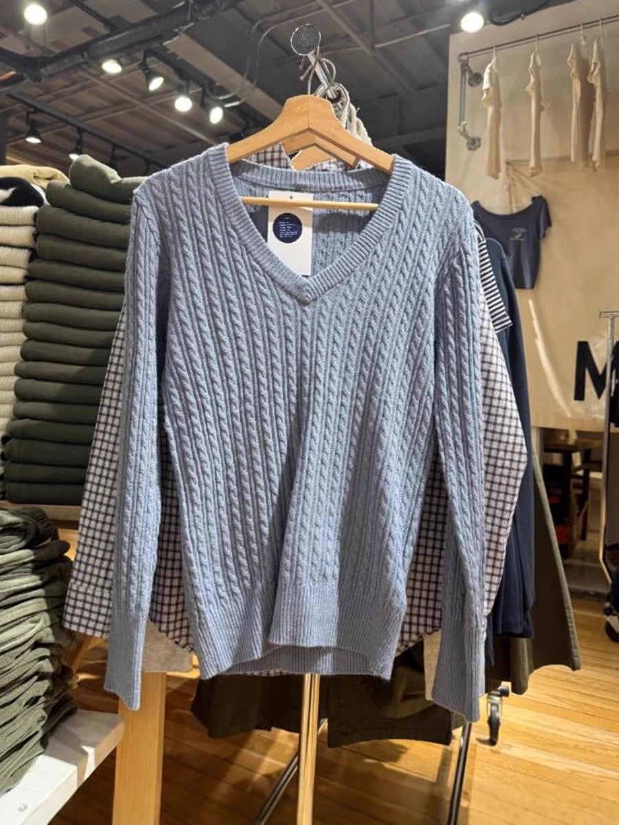 Haze Blue V-neck Knitted Sweater Women Fall Winter Casual Cotton Warm Twisted Flower Pullover Top Sweet Preppy Style Cute Jumper
