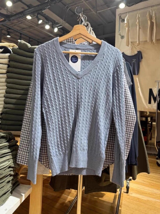 Haze Blue V-neck Knitted Sweater Women Fall Winter Casual Cotton Warm Twisted Flower Pullover Top Sweet Preppy Style Cute Jumper