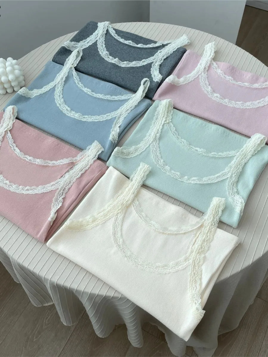 Sweet Lace Trim Cotton Sleeveless Vest Women Summer New Casual Slim U-neck Sexy Tank Tops Cute Vintage Preppy Style Camisole Y2K